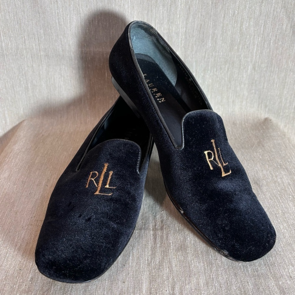 LAUREN RALPH LAUREN Sz 10 Black Velvet Squarish Toe Gold Embroidered Loafers